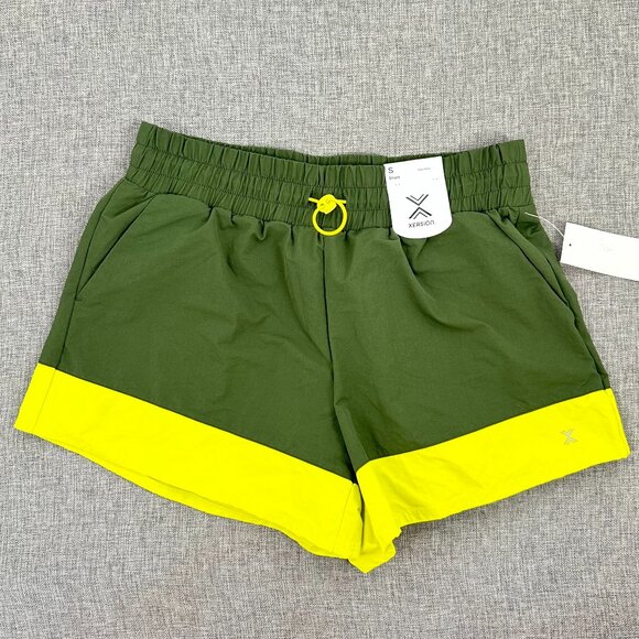 NEW! Xersion Workout Sport Shorts Green Yellow High Rise Small Quick Dry Stretch - Picture 2 of 12
